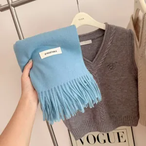 Soft Korean style blue knitted winter scarf with tassels and decorative woven label