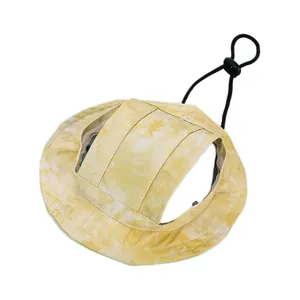 Gelber Batik Haustier Sonnenhut fur kleine Hunde und Katzen, susser Fischerhut mit Kordel.