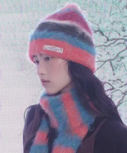 Cozy Korean style fuzzy striped beanie and scarf set for autumn winter fashion