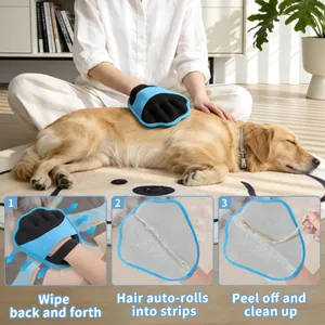 Gant de toilettage bleu pour animaux avec instructions de nettoyage étape par étape