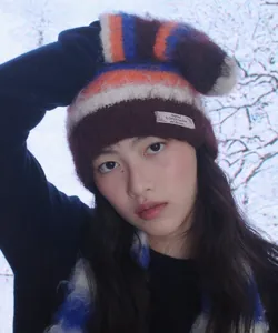 Stylish Korean style striped fuzzy mohair beanie and scarf set for warm winter outdoors