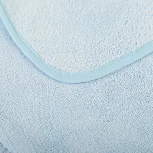 Detalle de toalla de baño para mascotas azul claro absorbente con textura de felpa.