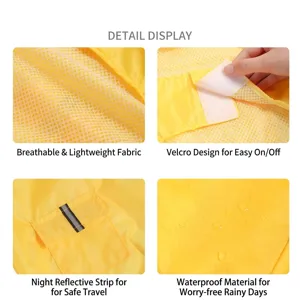 Detail view of yellow waterproof pet raincoat with reflective strip and breathable mesh