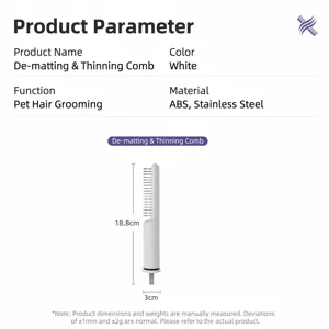 White pet grooming thinning comb with stainless steel blades and size measurements