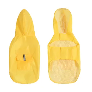 Reflective yellow hooded dog raincoat with breathable mesh lining for large pets outdoors