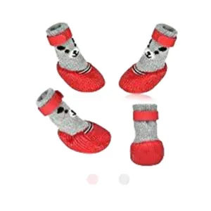 Set of 4 non-slip waterproof pet dog socks featuring a cute cartoon face design