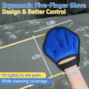 Vista dettagliata del guanto blu per peli di animali con dimensioni e design ergonomico.