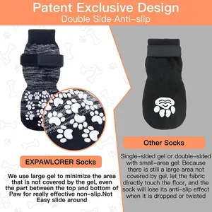Detailed comparison showing double-sided anti-slip dog socks with large gel paw patterns