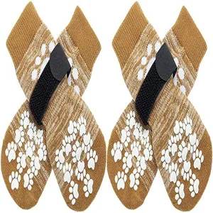 Close-up of anti-slip pet socks for small dogs with adjustable straps and paw patterns