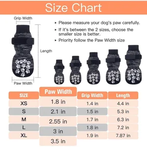 Detailed size chart for non-slip dog socks with measurement guide and five sizes