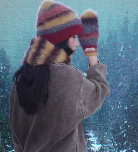 Warm fuzzy mohair striped knit hat and mittens set for women winter aesthetic fashion