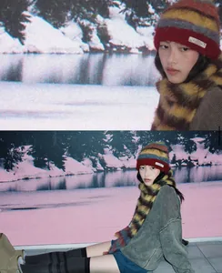 Detailed view of fuzzy striped knitted beanie and scarf on model in winter scene