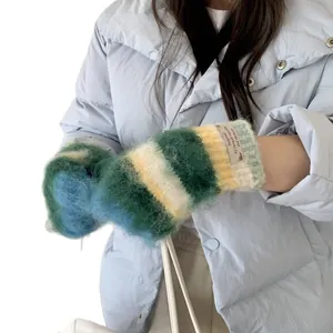 Warm striped plush winter gloves for women featuring a colorful Korean ins style