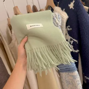 Detailed view of a soft mint green knitted scarf with tassels and a label tag.