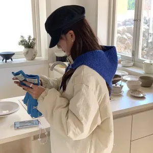 Multifunctional warm winter blue knitted hood scarf and neck warmer for stylish women