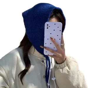 Solid blue knitted balaclava headscarf providing winter warmth and neck protection