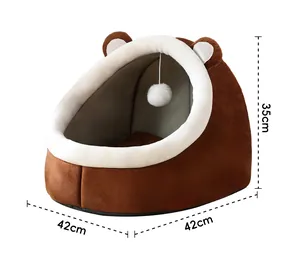 Semi-enclosed plush pet bed for cats and small dogs showing 35x42x42cm dimensions