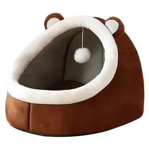 Cozy semi-enclosed brown bear-shaped pet bed for cats and small dogs