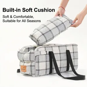 Portable grey plaid car pet carrier for small dogs and cats with a soft removable cushion