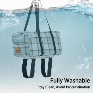 Fully washable plaid pet carrier for small dogs and cats in a water splash scene