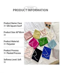 Detailed info for 60x60cm pleated silk-like polyester scarf with contrast hem