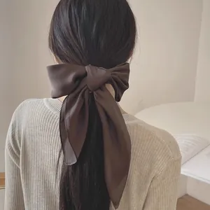 Détail d'un foulard en soie marron noué en nœud sur de longs cheveux noirs comme accessoire
