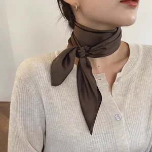 Gros plan d'un foulard en satin marron foncé noué élégamment autour du cou d'un modèle