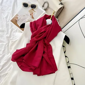 Deep red pleated cotton blend long scarf with textured finish for autumn