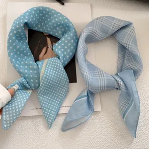 Set of light blue polka dot and plaid scarves for women, versatile hair and neck accessory