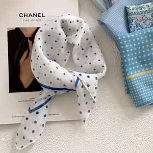 Elegant blue polka dot square head scarf for women, breathable cotton hair band accessory