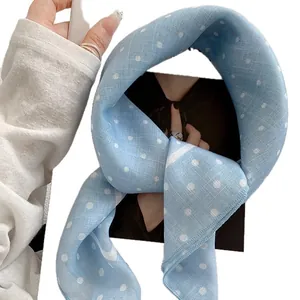 Light blue breathable square bandana with classic white polka dots for women's hair