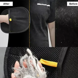 Effective pet hair removal glove showing before and after lint cleaning results on clothes