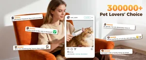 Mujer usa un quitapelos para mascotas en un gato con testimonios positivos de clientes