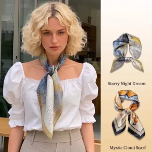 Elegante bedrukte kleine zijden sjaal gedragen door een model in een mode-look