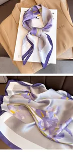 Lavender purple floral silk square scarf with elegant iris print texture detail