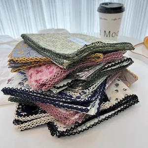 Women 100% Cotton Square Scarf Floral Print Crochet Lace Trim Head Scarf Neck Scarf Fashion Accessories Accessories Gift
