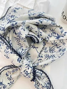 Lightweight floral print 100% cotton neckerchief scarf with navy lace trim detail for women