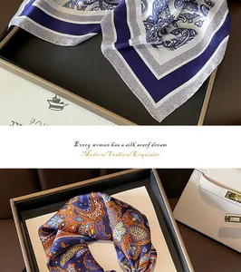 Elegant paisley print silk square scarf with blue and orange patterns