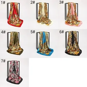 Detailed overview of paisley printed satin square scarves in seven color variants