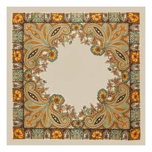Top-down full view of vintage paisley print satin square scarf with floral border
