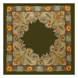 Detailed view of olive green paisley print satin silk square scarf with floral borders