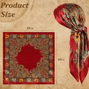 Elegant red satin silk square scarf with vintage paisley floral print, 89x89cm size