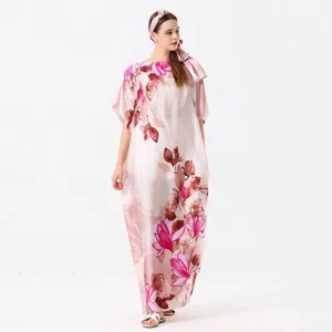 Full length faux silk beach caftan with vibrant floral prints and matching headscarf