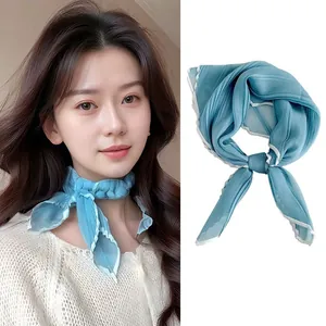 Women Elegant Pleated Contrast Trim Scarf Lightweight Solid Color Small Square Scarf Polyester Crinkled Neck Scarf Accessory