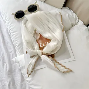 Elegant white pleated silk scarf with tan contrast border for women, stylish summer accessory