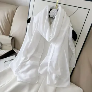 Elegant white crinkled cotton blend long scarf with solid color for autumn and winter