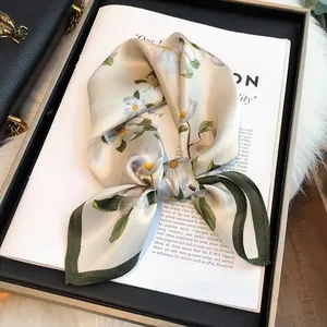 Elegant floral silk square scarf for women, white flower pattern on cream background