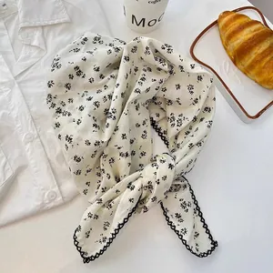 Elegant floral 100% cotton square neckerchief scarf with delicate black lace border