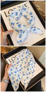 Vintage Harajuku style cotton square scarf with blue butterfly print for women hairband
