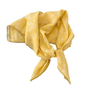 Yellow 100% cotton floral print square scarf with delicate white lace scalloped edge